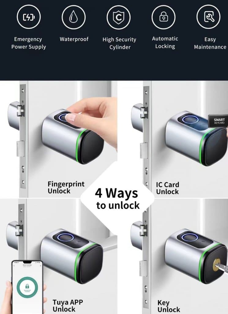 Smart Fingerprint Cylinder Lock Bluetooth Connection works with Tuya Smart and TTLock-P3
